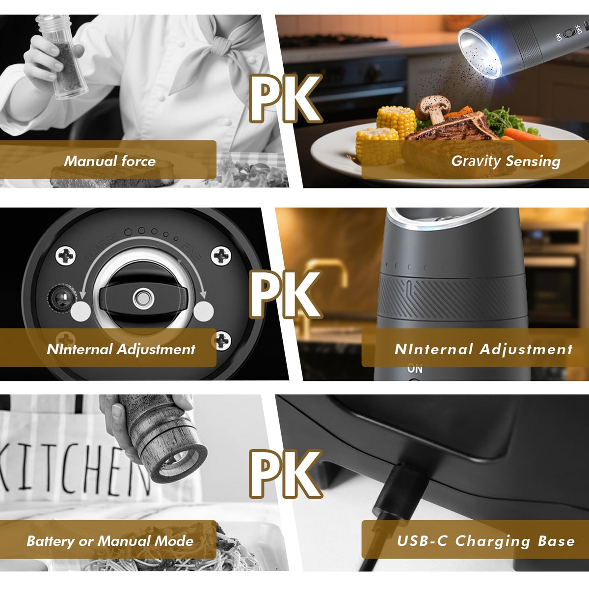 Indelala gravity grinder LED light illuminates the dish for precise seasoning.