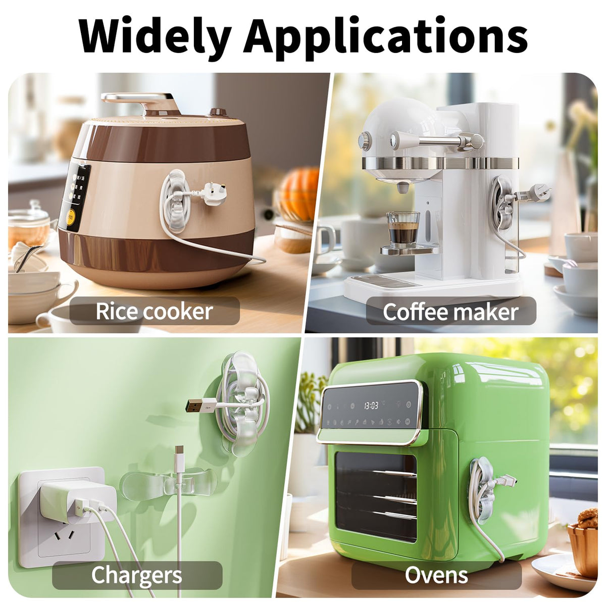 INDEMO cord organizer enhances workstation around toaster and coffee maker.