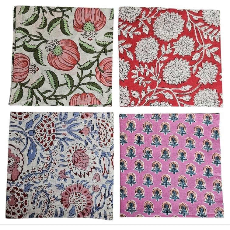 INDIANHANDICRAFTS hand-block-print napkin collection with vibrant multicolor floral patterns.