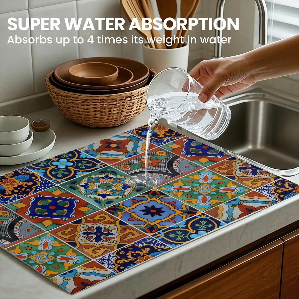 indokyeyqaz Talavera Tiles Dish Drying Mat kitchen decor print enhances counter style.