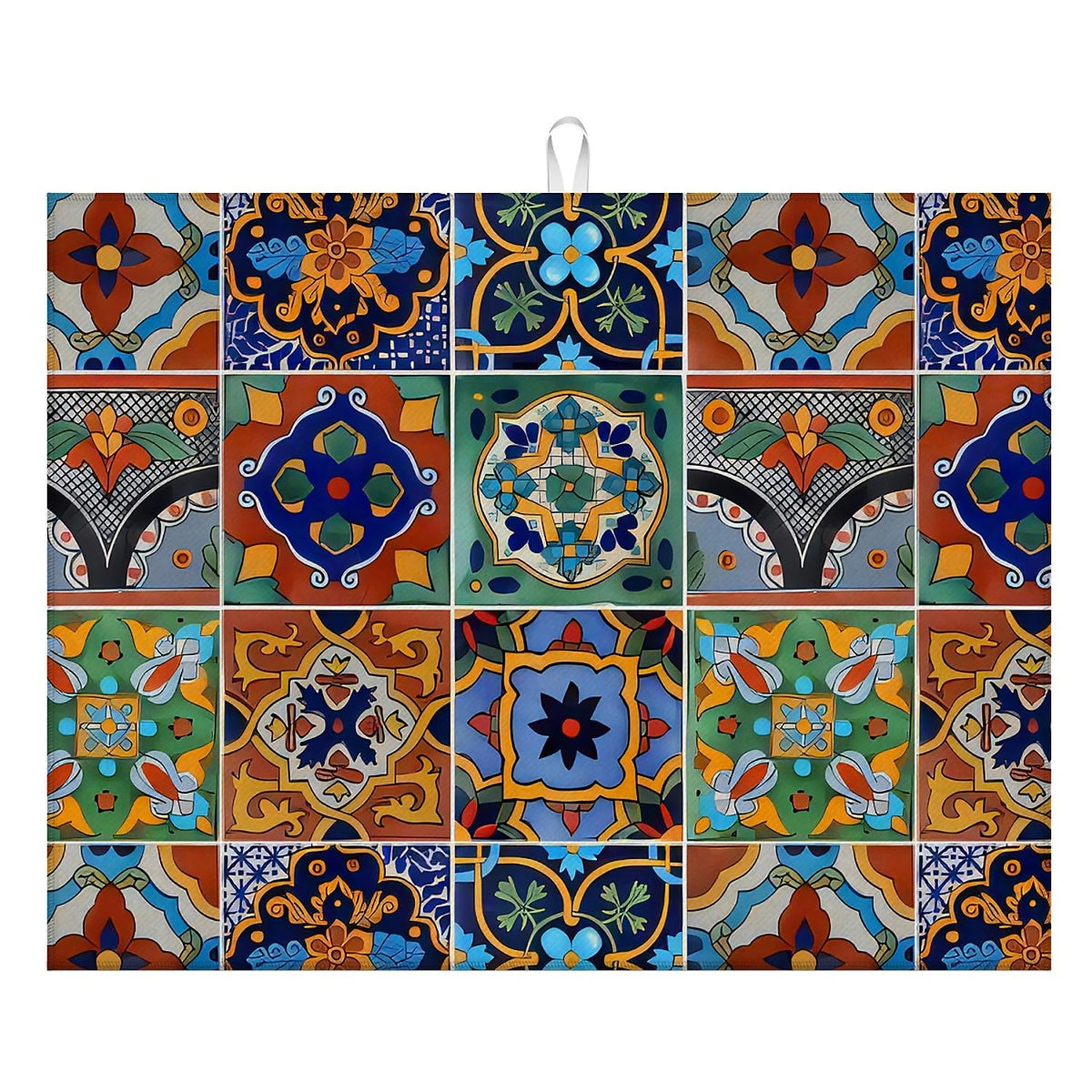 indokyeyqaz Talavera Tiles Dish Drying Mat pattern close-up showing vibrant print and absorbent microfiber.