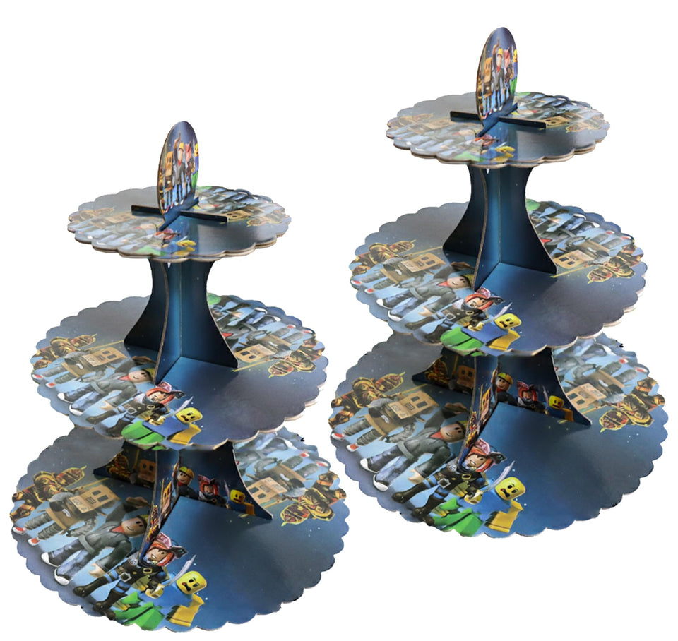 IndoTribe 2-pack block game cupcake stand on a dessert table for gaming parties