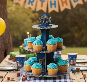 IndoTribe boys birthday dessert table setup with vibrant game-themed stand