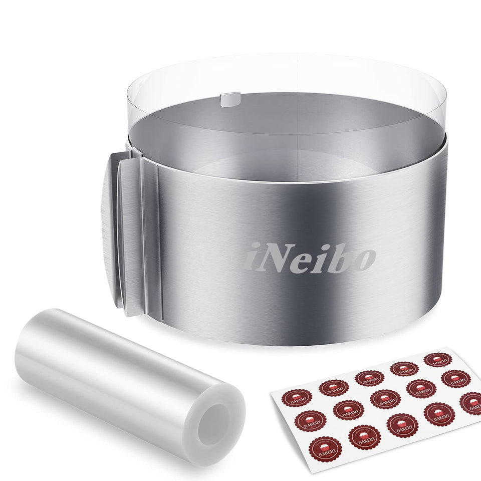 iNeibo cake ring demonstrates adjustable size for custom 6-12 inch cakes.