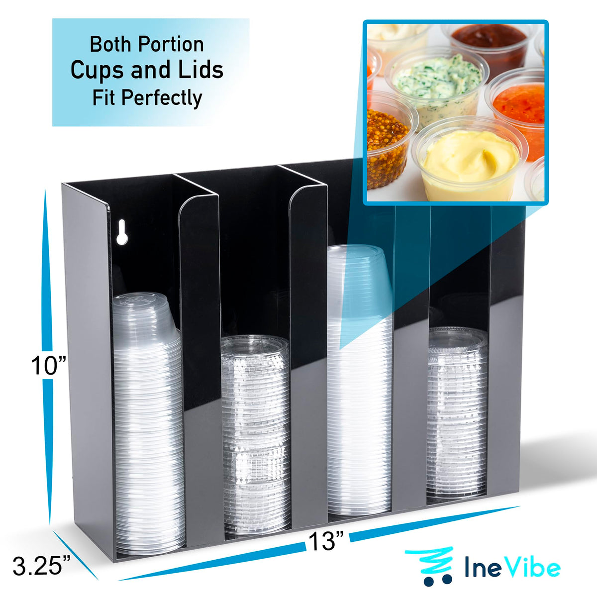 Inevibe four-compartment acrylic dispenser displaying cups in varied sizes for easy access.
