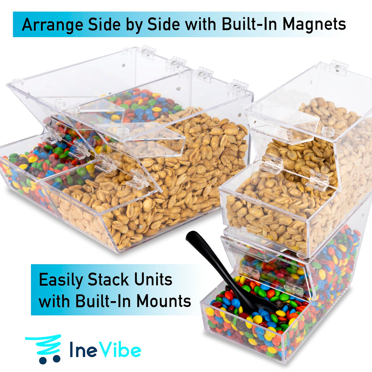 IneVibe magnetic bin holders keep units aligned for easy side-by-side displays.