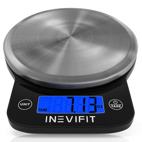 INEVIFIT digital scale with brushed-steel platform for precise meal weighing and tracking.