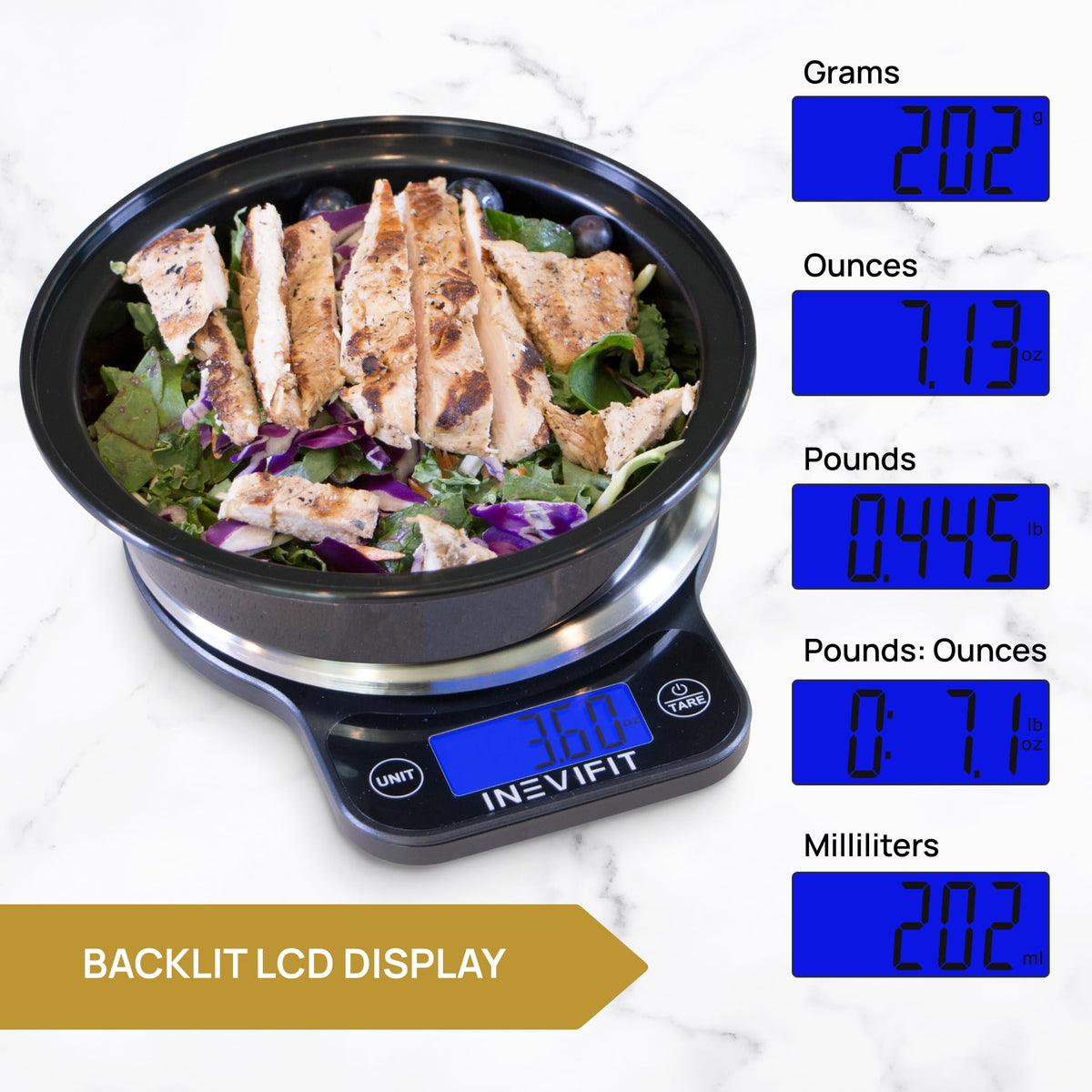 INEVIFIT units conversion supports grams, ounces, pounds, and milliliters.