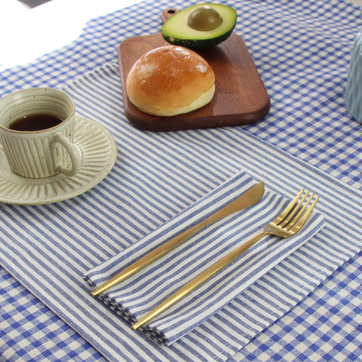 INFEI blue striped napkins close-up showing cotton linen blend texture for daily use