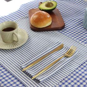 INFEI blue striped napkins close-up showing cotton linen blend texture for daily use