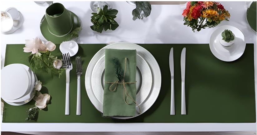 INFEI olive green napkins on a table setting with charger and glassware