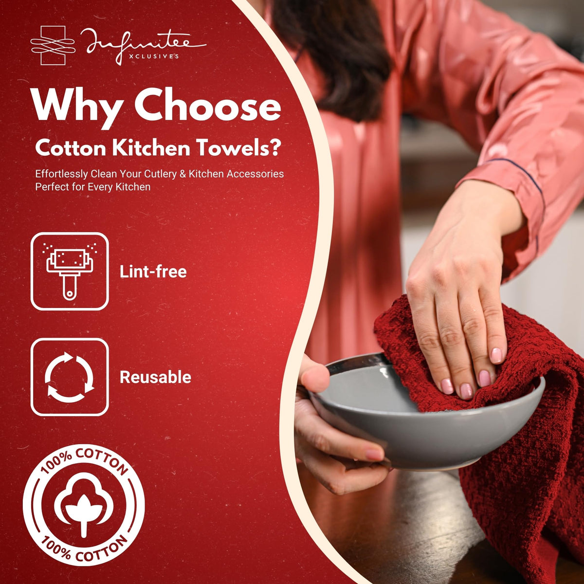 Infinitee Xclusives 100% cotton terry towels offer soft absorbency.