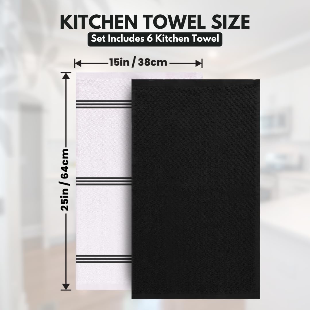Infinitee Xclusives 15x25 inch towels displayed with clear dimensions for kitchen-ready use.