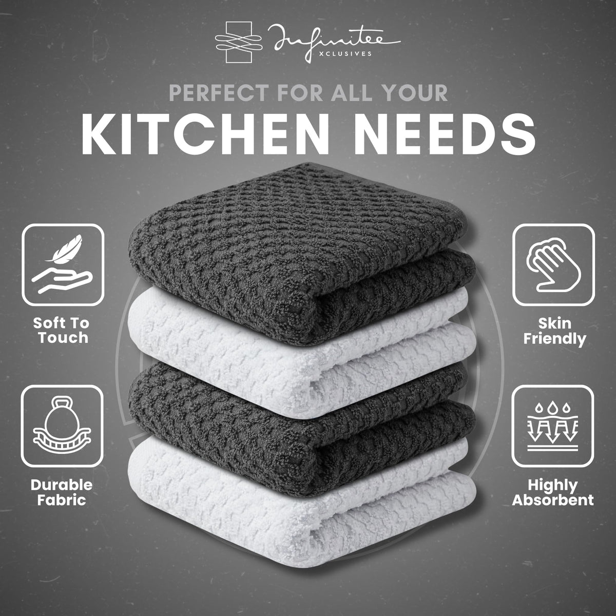 Infinitee Xclusives easy-care dishcloths are machine washable and low-heat dry for convenience.