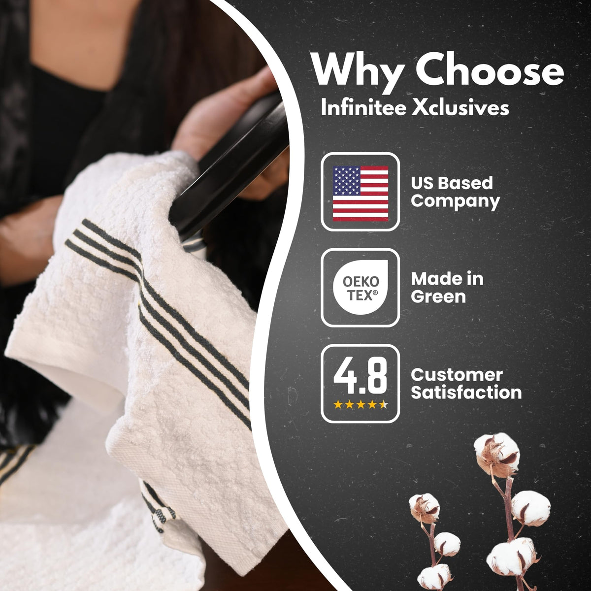 Infinitee Xclusives eco-friendly cotton towels reduce disposable paper use.