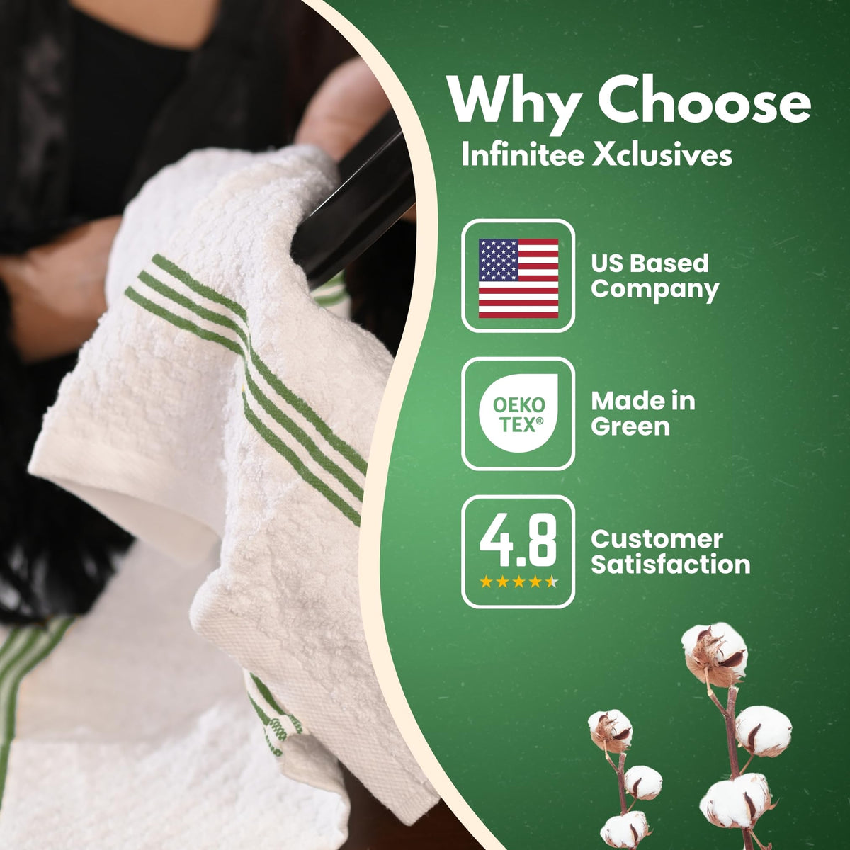 Infinitee Xclusives green kitchen towel set on counter for household cleaning tasks.