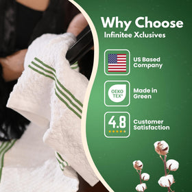 Infinitee Xclusives green kitchen towel set on counter for household cleaning tasks.