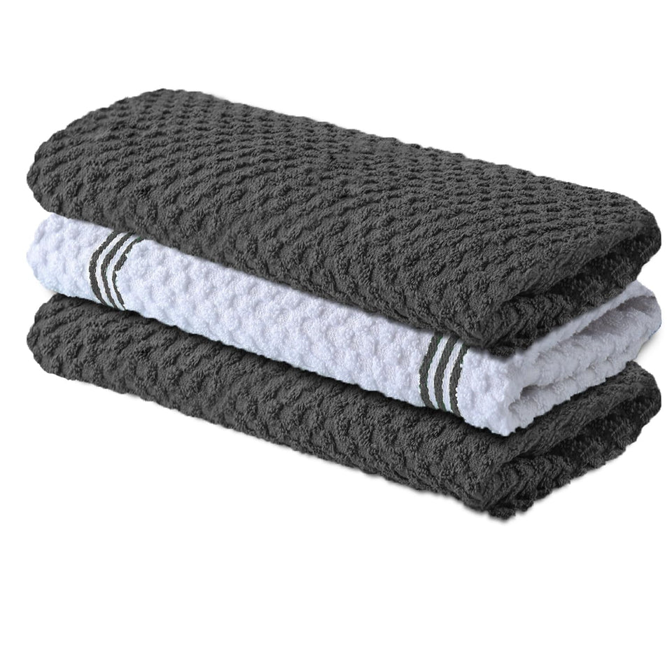 Infinitee Xclusives premium kitchen towels in grey, 15x25 inches, ready for daily dish drying.