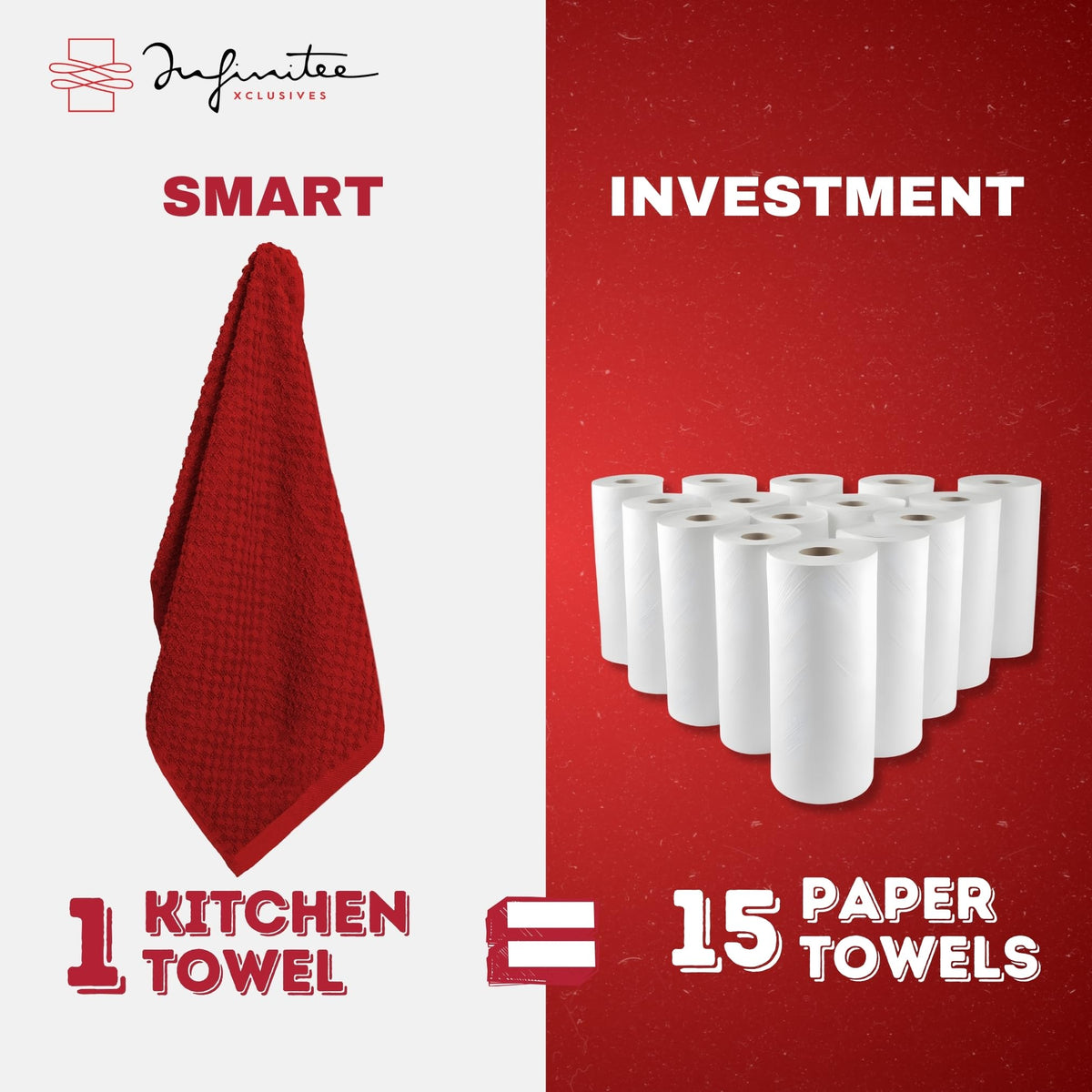 Infinitee Xclusives red dish towels add a vibrant practical touch to kitchens.