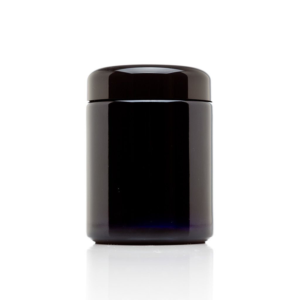 Infinity Jars 250ml tall black ultraviolet glass jar protects contents from light, preserving freshness.