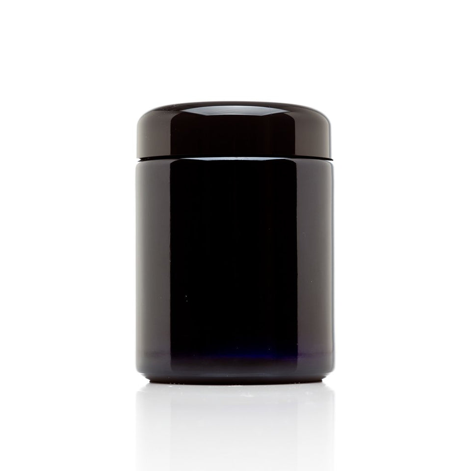 Infinity Jars 250ml tall black ultraviolet glass jar protects contents from light, preserving freshness.