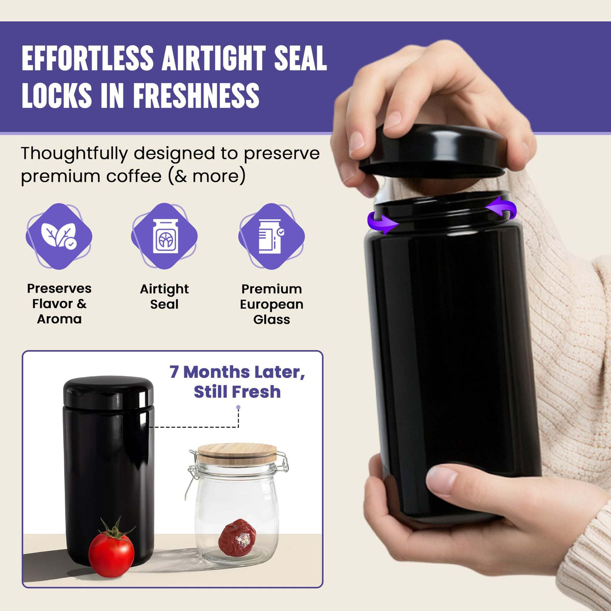 Infinity Jars UV glass storage protects flavor for coffee and tea.