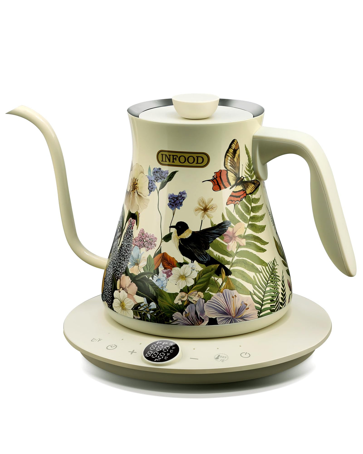 INFOOD floral-design kettle front view adds elegant style to your kitchen.