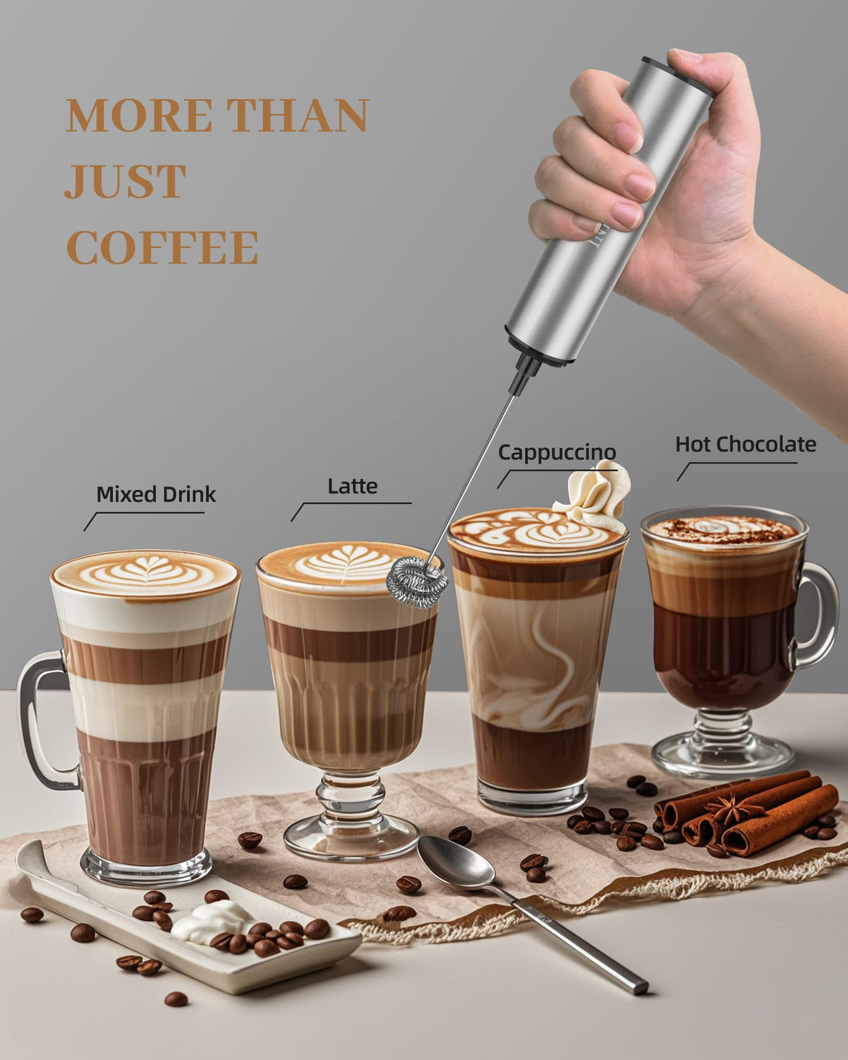 INFOOD Milk Frother with stainless steel stand for neat storage and display.