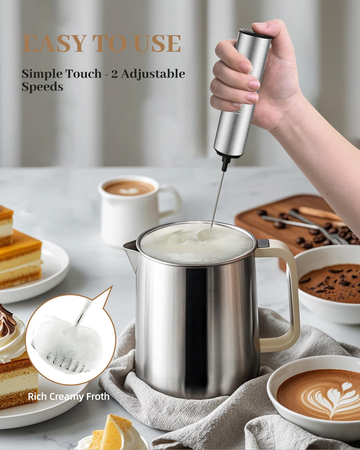 INFOOD Milk Frother turbo motor delivers fast, silky foam in seconds.