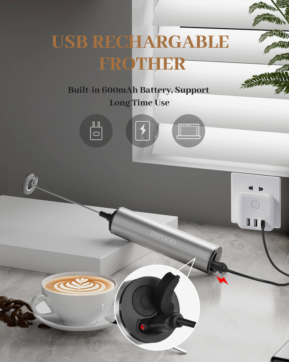 INFOOD Milk Frother with two detachable whisks enables easy cleaning and versatility.