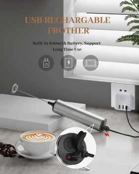INFOOD Milk Frother with two detachable whisks enables easy cleaning and versatility.