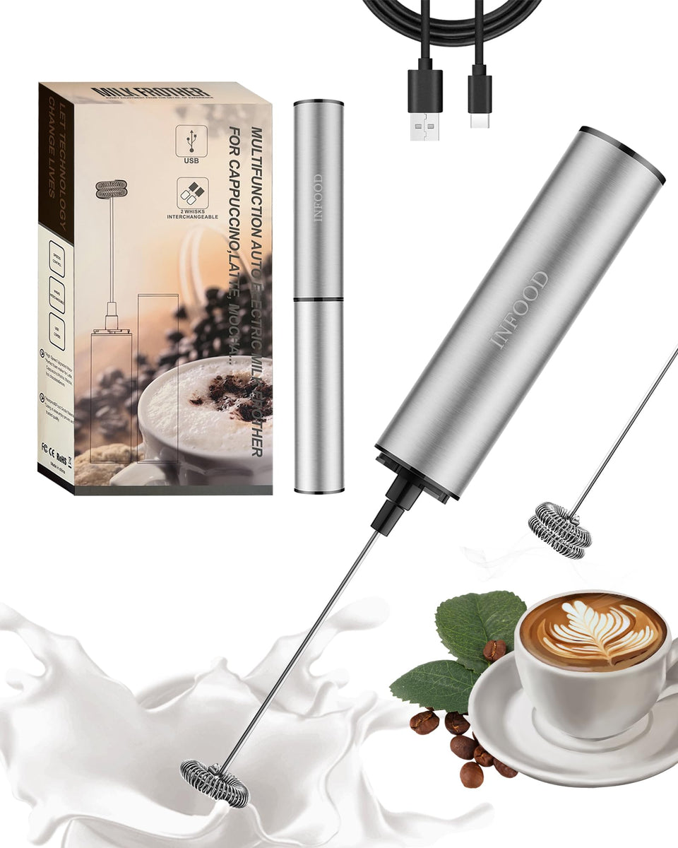INFOOD Milk Frother with USB charging for cordless use at home or on the go.