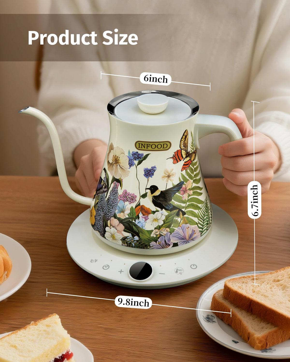 INFOOD kettle in action, brewing two cups with aroma rising.