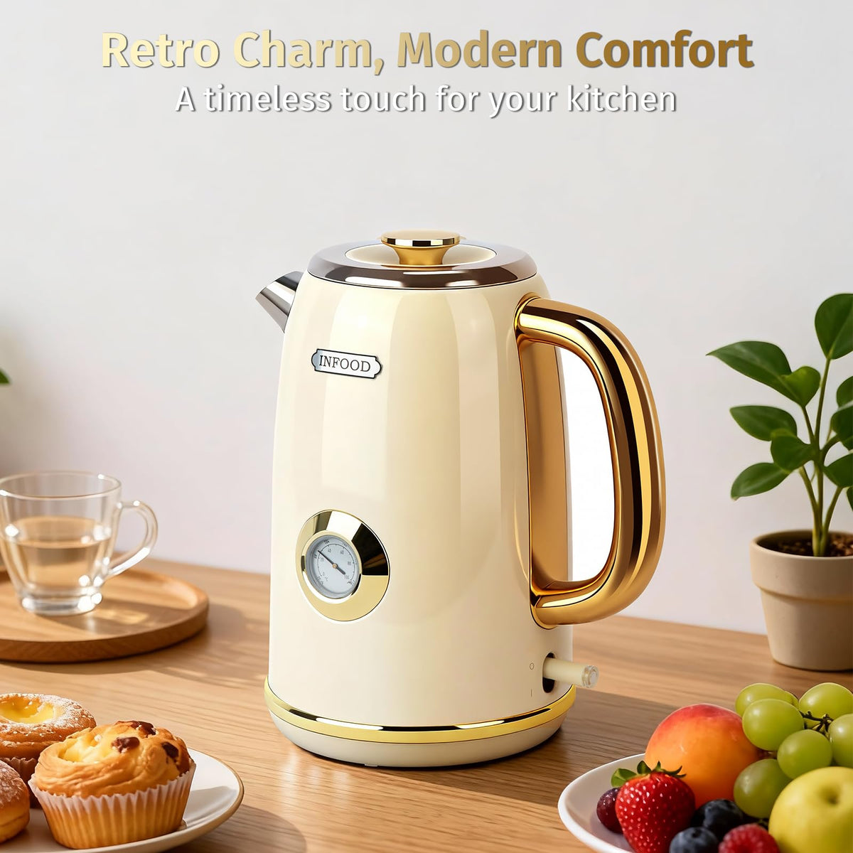 INFOOD Retro Electric Kettle rapid boil showing 1.7 L capacity