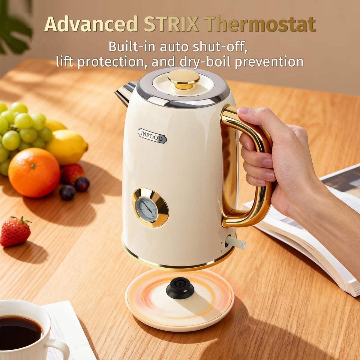 INFOOD Retro Electric Kettle wide opening simplifies refilling and cleaning