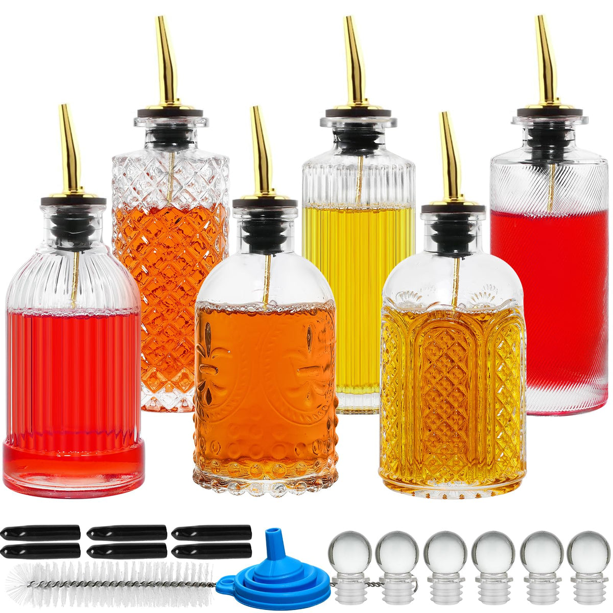 INFTYLE coffee syrup dispenser set with 7oz bottles for an organized bar.