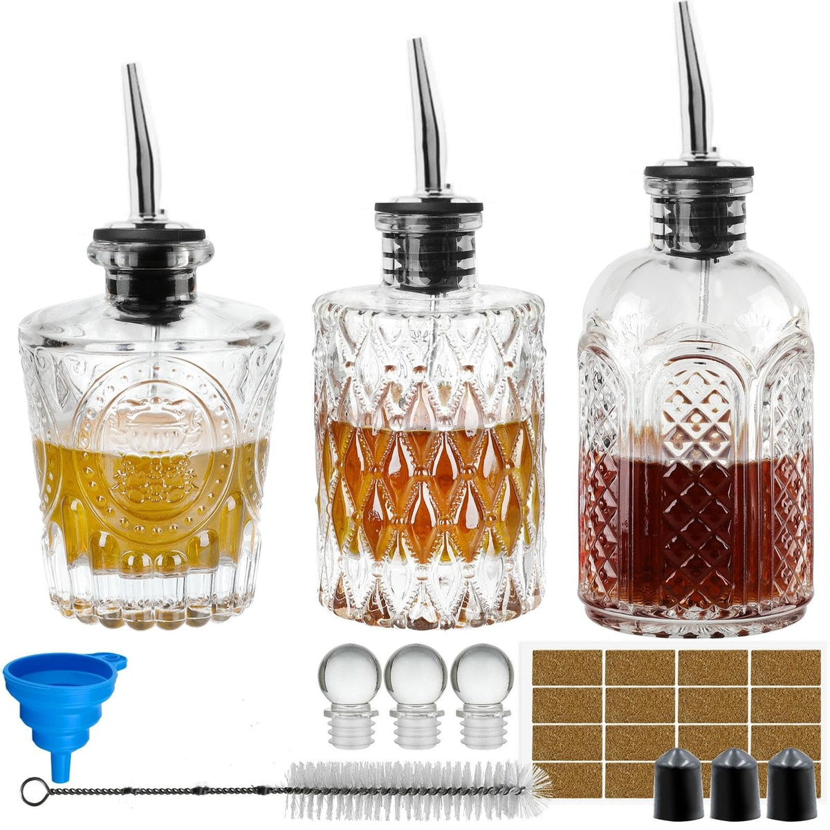 INFTYLE syrup bottle set 3 with embossed glass design for organized kitchen storage.