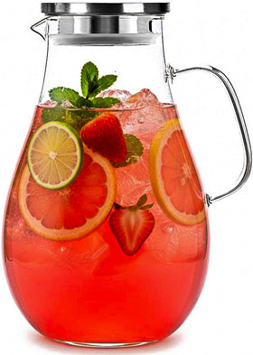 Infusion Pro 1 gallon pitcher with lid shown on a kitchen counter for convenient serving.