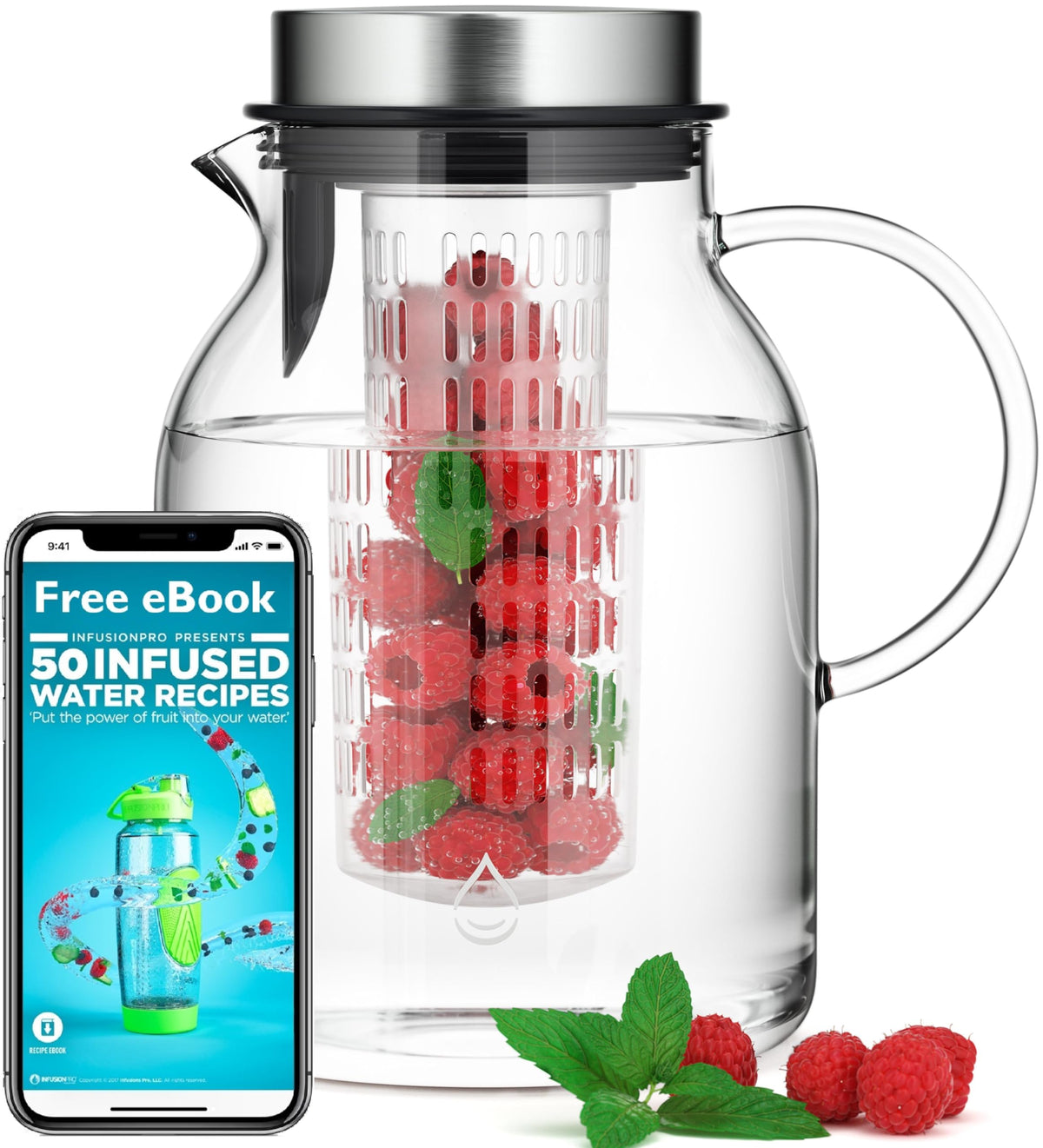 Infusion Pro glass fruit infuser pitcher with a clear body ideal for refreshing fruit-infused water