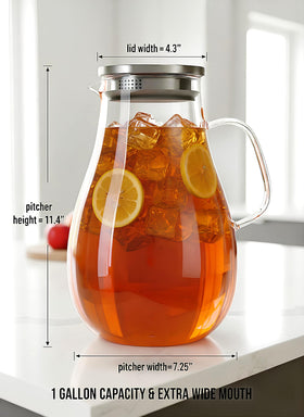 Infusion Pro microwave-safe glass pitcher for reheating beverages safely.