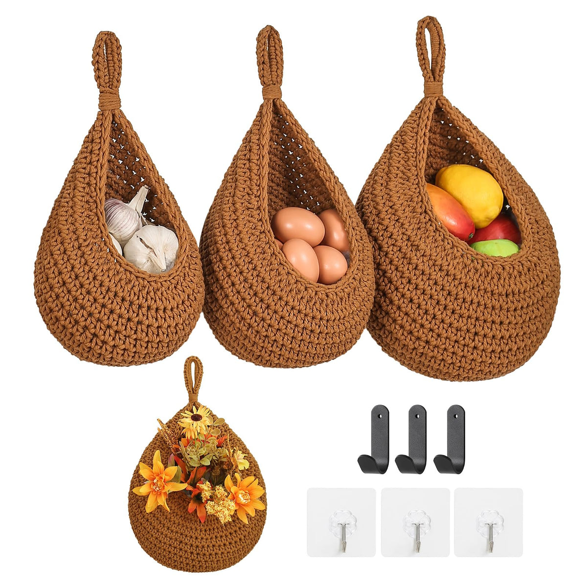 INJORAN Boho wall hanging fruit baskets 3-pack ideal for decluttering countertops