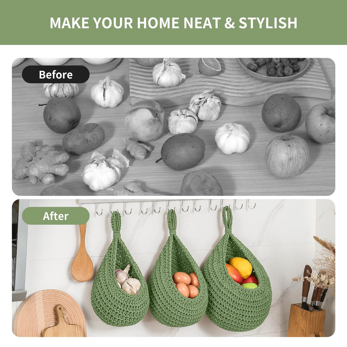 INJORAN natural green baskets hanging above countertop with fresh produce.