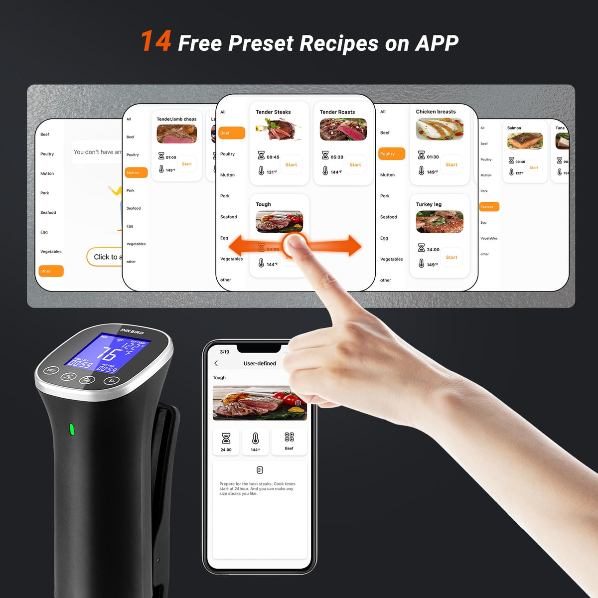 INKBIRD app controlled sous vide cooker for remote cooking.
