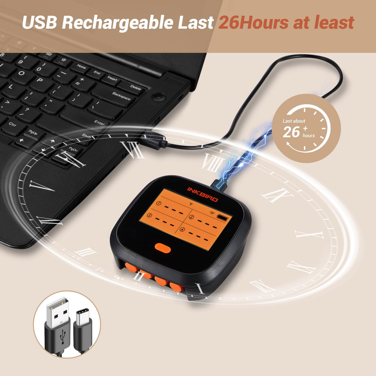 Inkbird IBBQ-4T rechargeable battery powers extended grilling sessions.