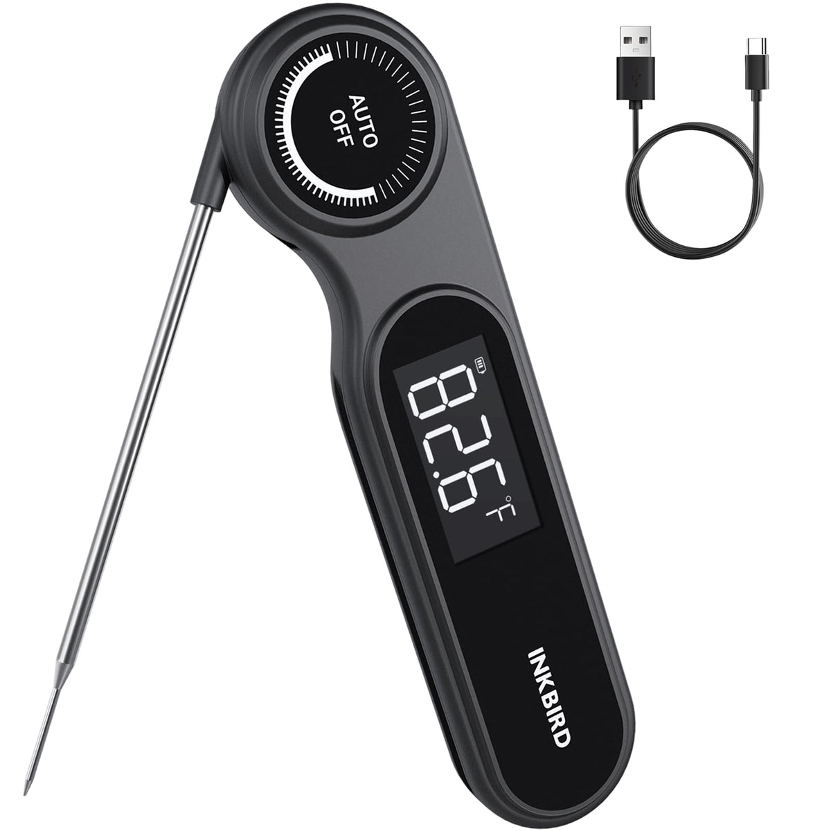 Inkbird instant read thermometer shows 0.5 second reading for fast grilling.
