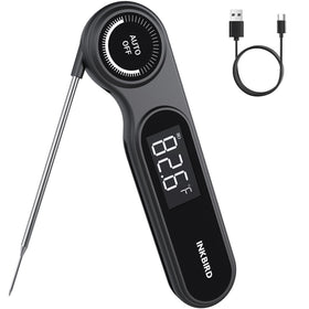 Inkbird instant read thermometer shows 0.5 second reading for fast grilling.