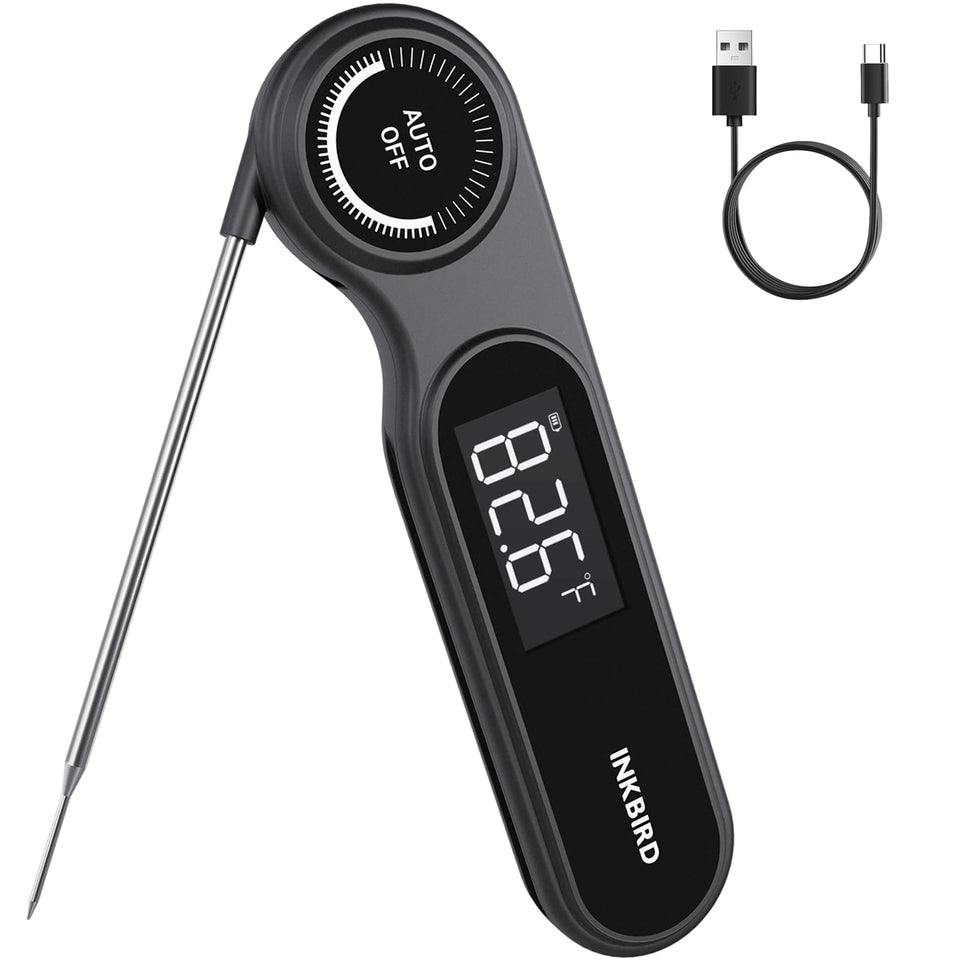 Inkbird instant read thermometer shows 0.5 second reading for fast grilling.