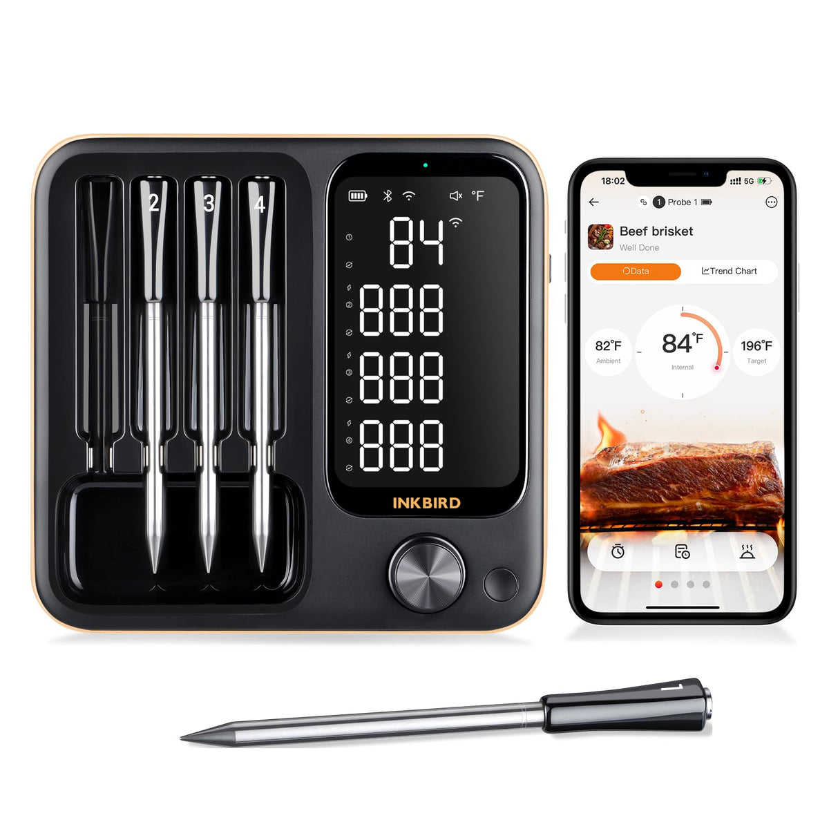 INKBIRD WiFi meat thermometer with four probes on the grill for precise multi-meat monitoring.