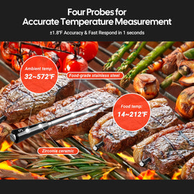 INKBIRD app view shows real-time temperatures and alerts for multiple meats.