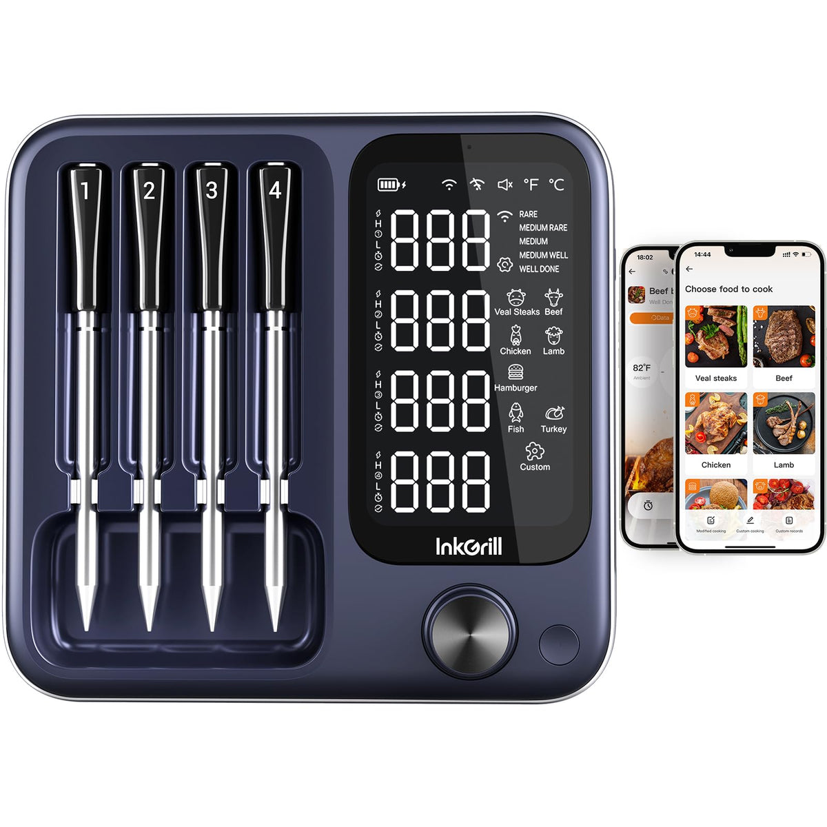 InkGrill 4-Probe thermometer front view for easy remote monitoring